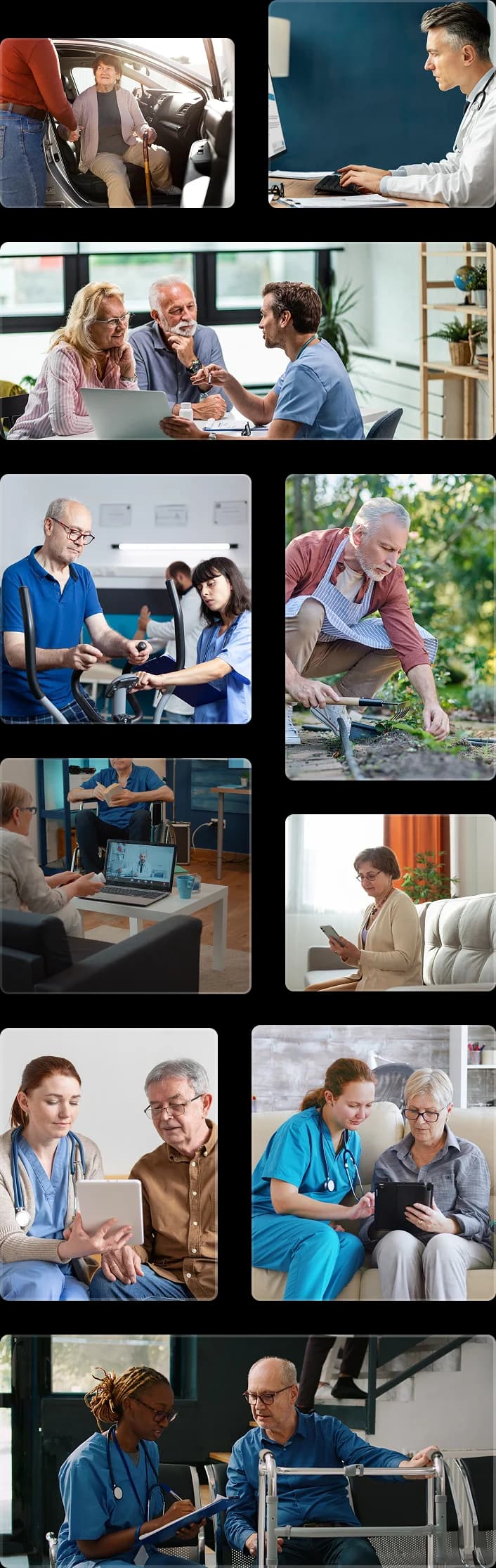 Older woman using a cane exiting a car with assistance, representing supportive care in the community. Physician viewing KangarooHealth dashboard to view GUIDE notifications. Family caregivers consult with physician about the GUIDE program. GUIDE patient attends routine cardiologist visit. GUIDE patient aging in place. Caregiver consults physician for medication reconciliation. Elderly patient views remote care mobile application. Caregiver receives support in home for family member in GUIDE program. Nurse educates patient on the use of the connected care mobile application with KangarooHealth Nurse reviews assessments with GUIDE patient.