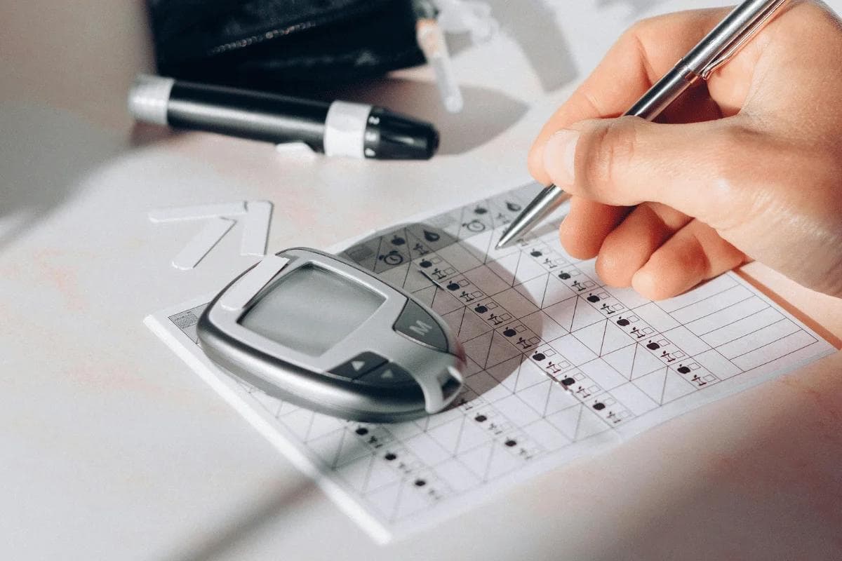 A hand writes on a blood glucose tracking chart next to a glucose meter and a lancing device.